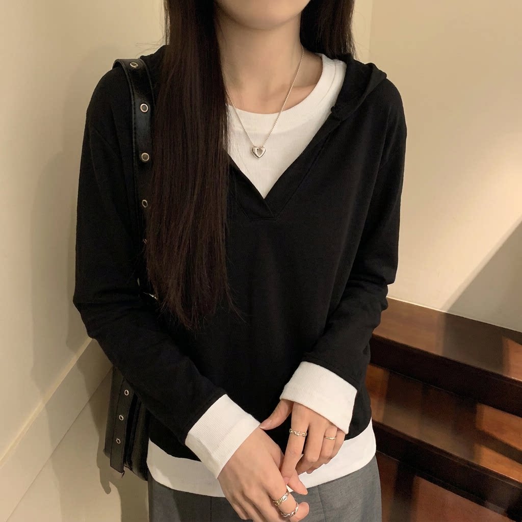 韩版减龄撞色假两件连帽长袖t恤女款大码时尚百搭显瘦套头上衣ins