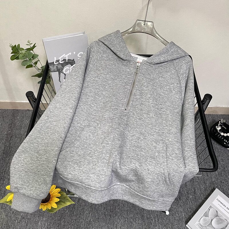 秋季慵懒风半拉链设计感外套美式复古灰色连帽拉链卫衣大码300斤