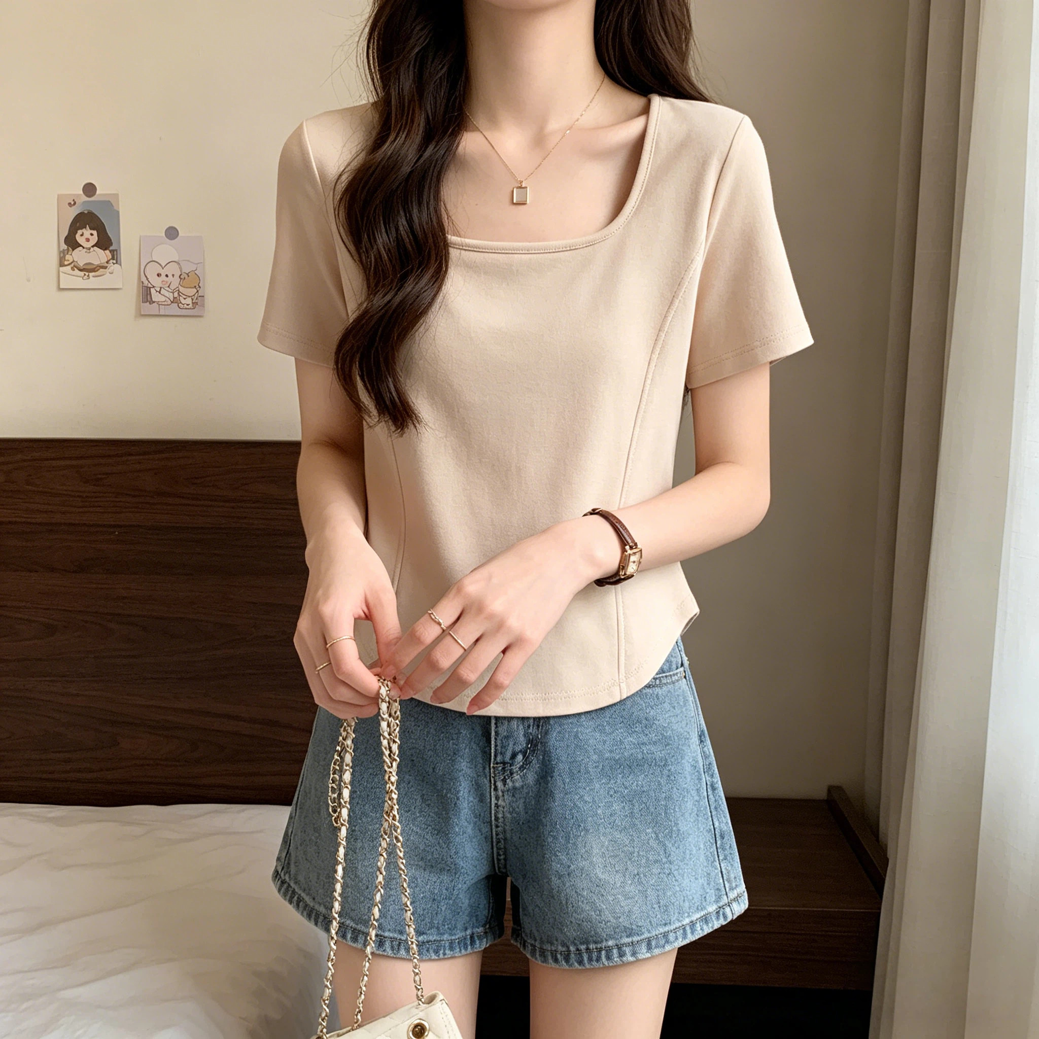 韩系小众短袖设计T恤女士大码修身黑色显瘦百搭辣妹方领收腰上衣