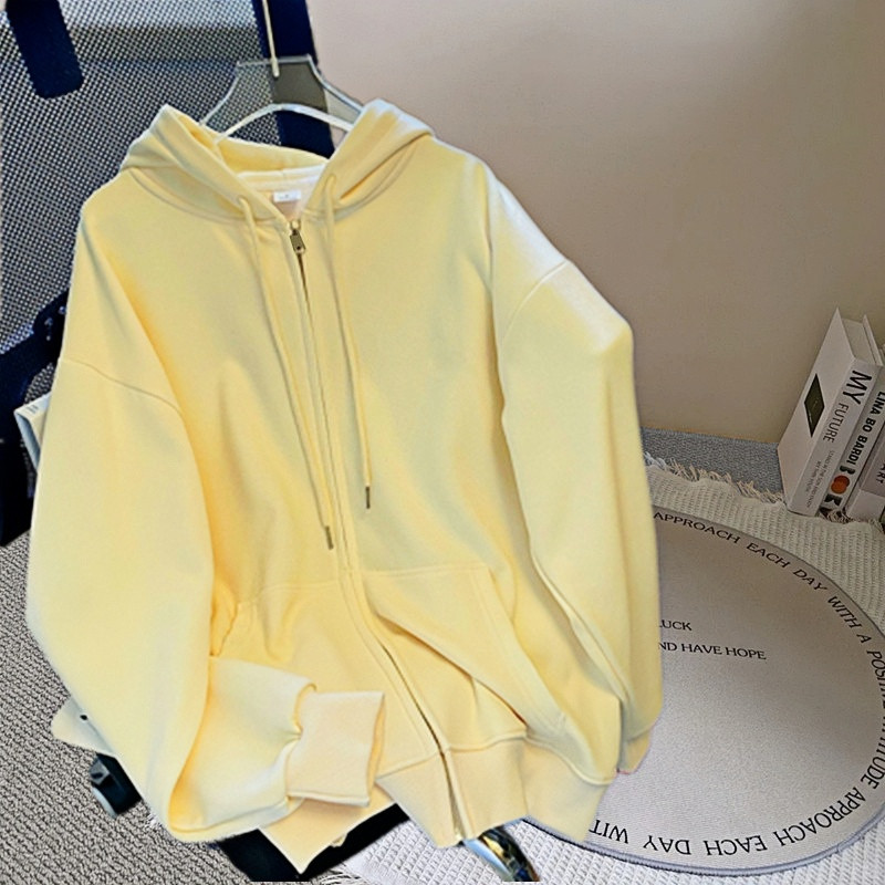 春秋款薄款大码oversize加绒连帽衫奶黄色休闲拉链开衫卫衣外套女