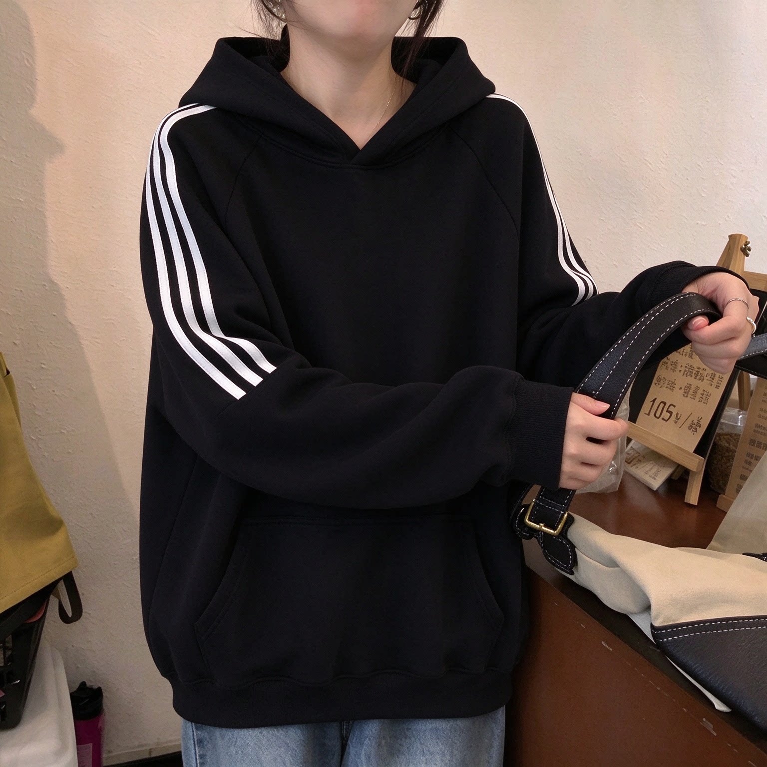 韩版慵懒风加绒拼接条连帽卫衣女秋季宽松大码袋鼠兜套头长袖上衣