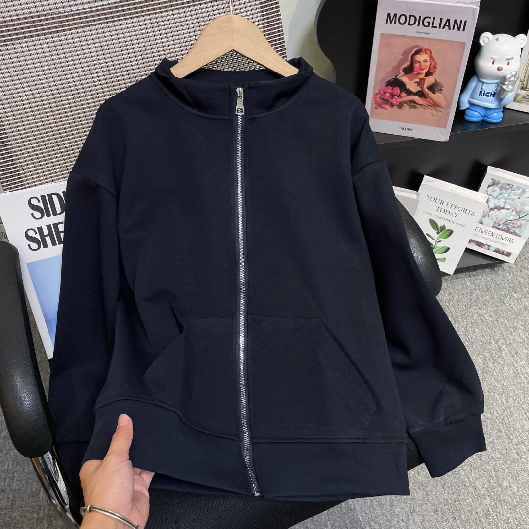 春秋季藏青色立领开衫拉链外套大码显瘦韩版休闲宽松纯色长袖卫衣
