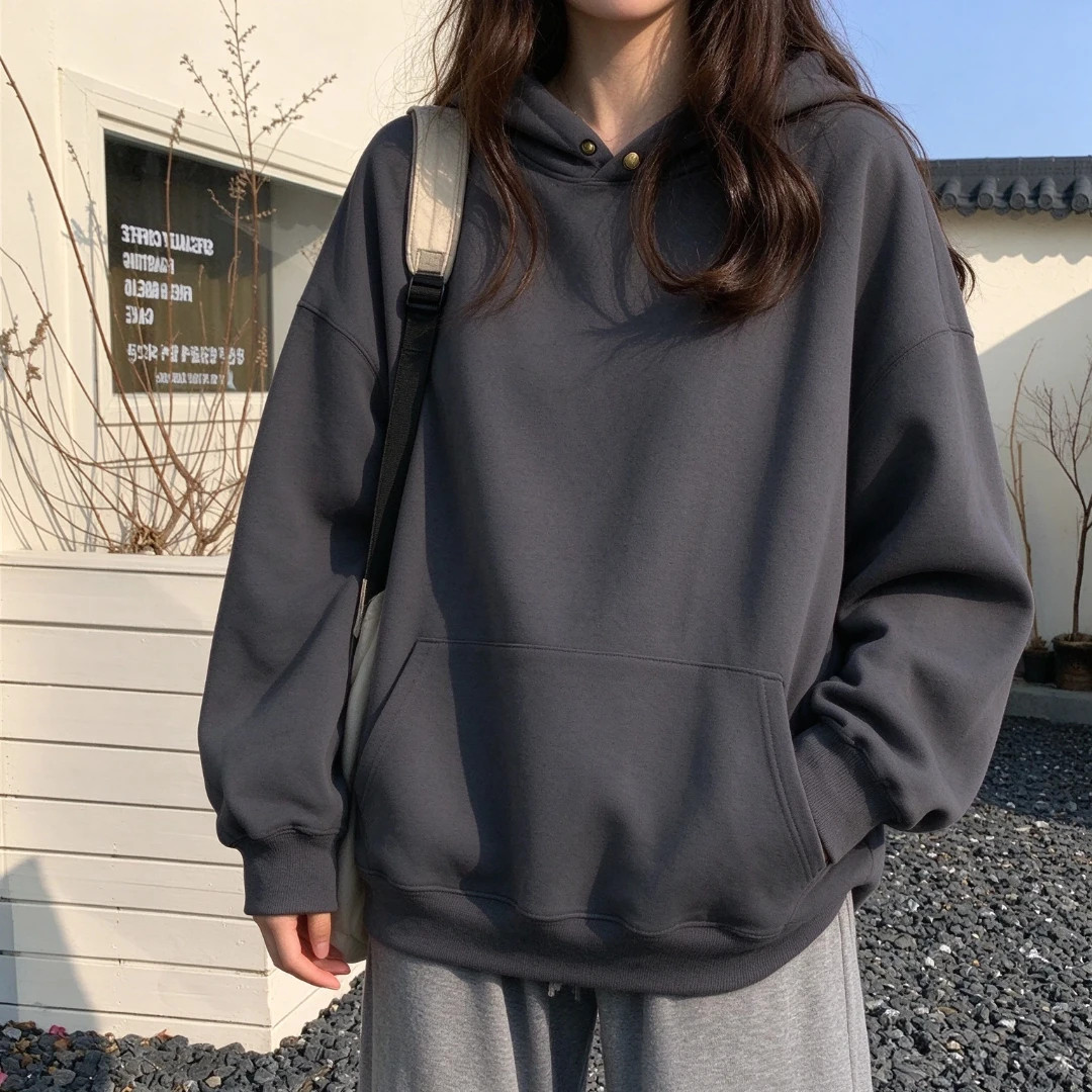 大码纯色连帽纽扣长袖卫衣女款秋冬穿搭慵懒风宽松显瘦套头上衣服