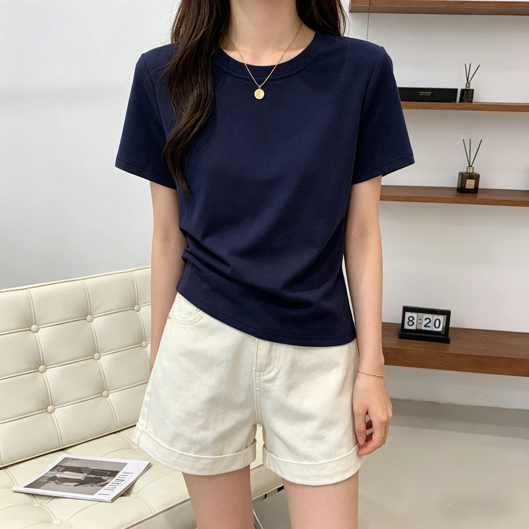 春夏季设计感修身T恤韩版休闲大码女装夏季薄款纯色显瘦百搭上衣