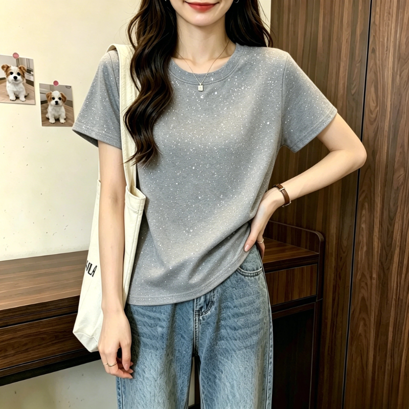夏季高级感灰色圆领满天星短袖T恤大码女装正肩显瘦百搭休闲上衣