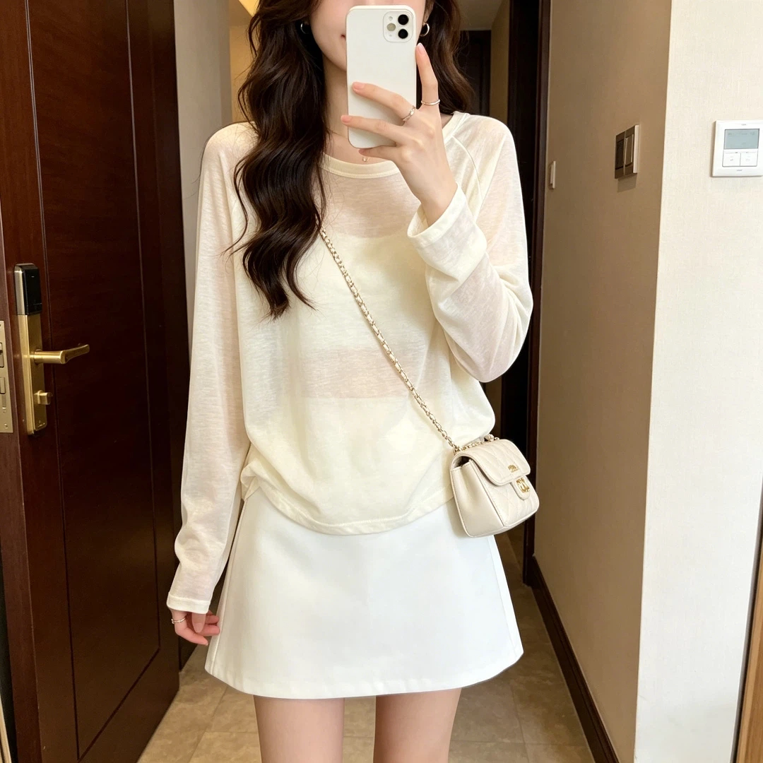 夏季小众百搭通勤长袖衫T恤女大码圆领牛角袖防晒罩衫插肩袖上衣