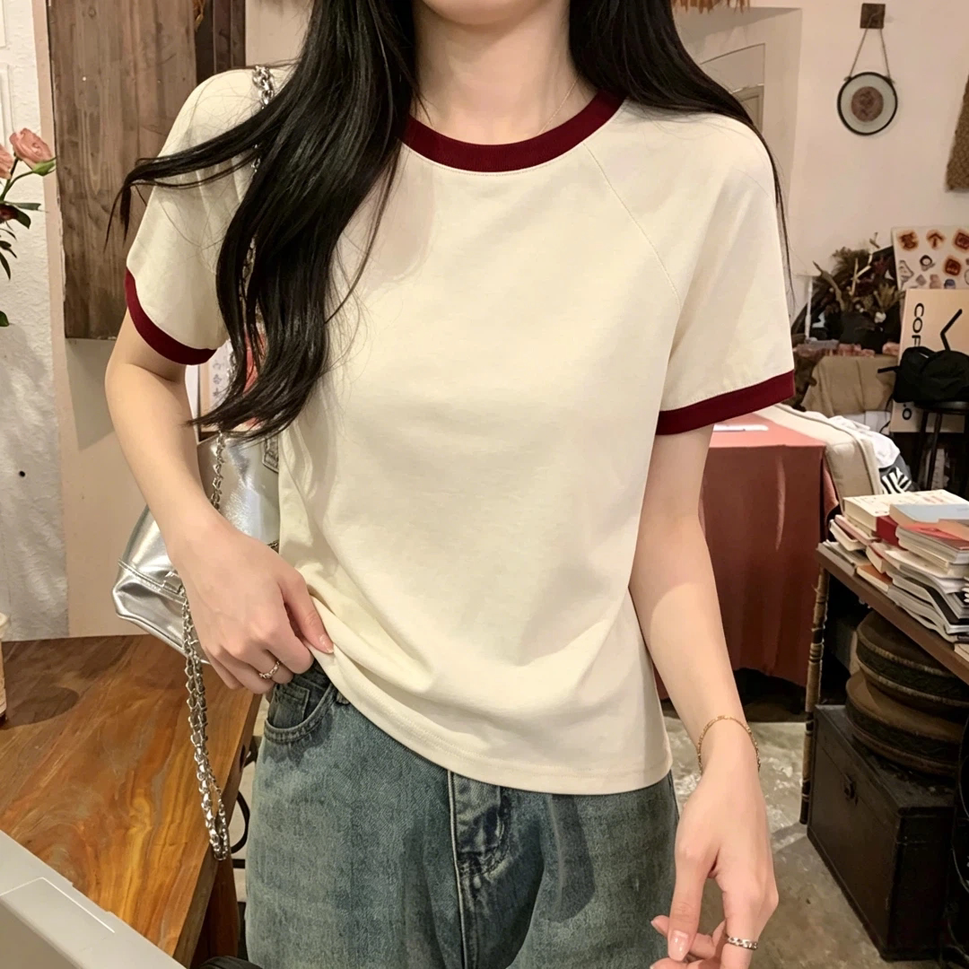 新款复古风撞色领短款大码修身短袖T恤女纯色百搭好看夏日上衣ins