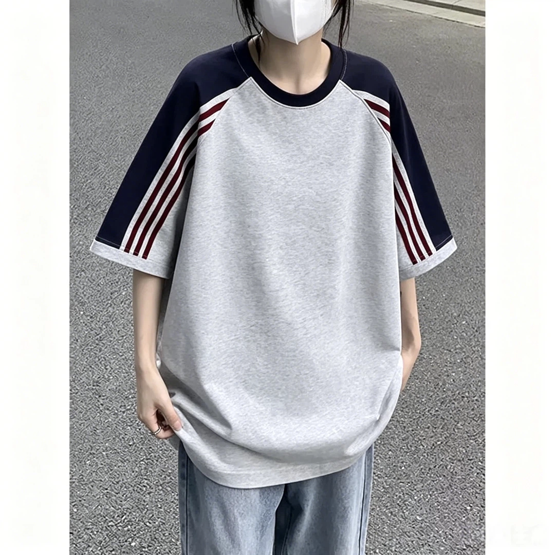 拼接条插肩袖大码休闲短袖衫拼色T恤女装纯棉通勤风宽松显瘦上衣