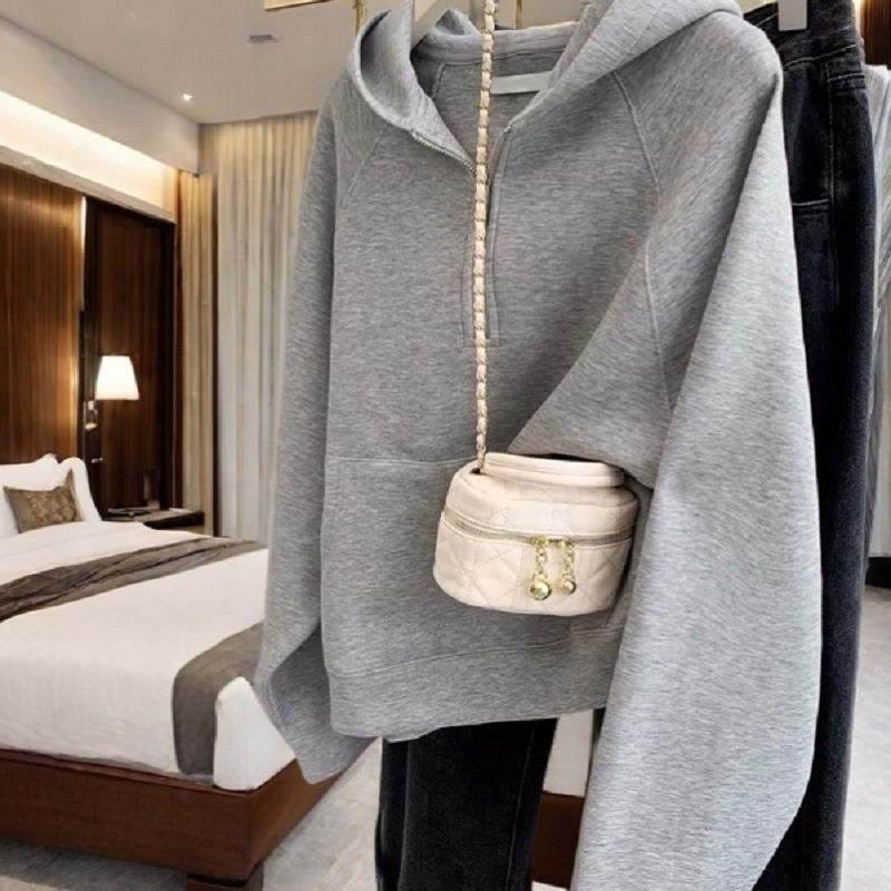 美式宽松大码慵懒风灰色连帽长袖卫衣女秋冬oversize外搭帽半拉链