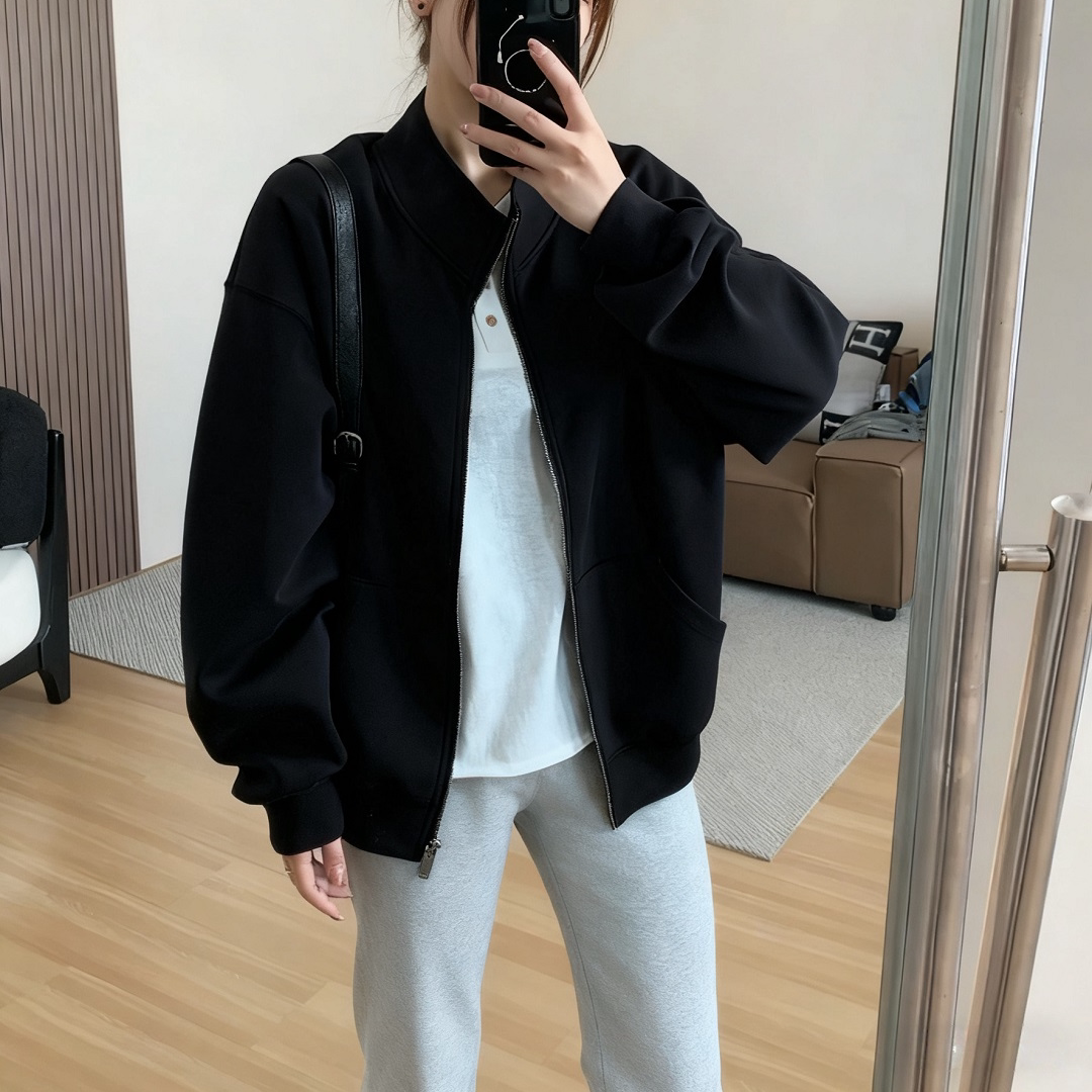简约百搭宽松显瘦休闲开衫外套韩版卫衣外套秋季新款立领微胖大码
