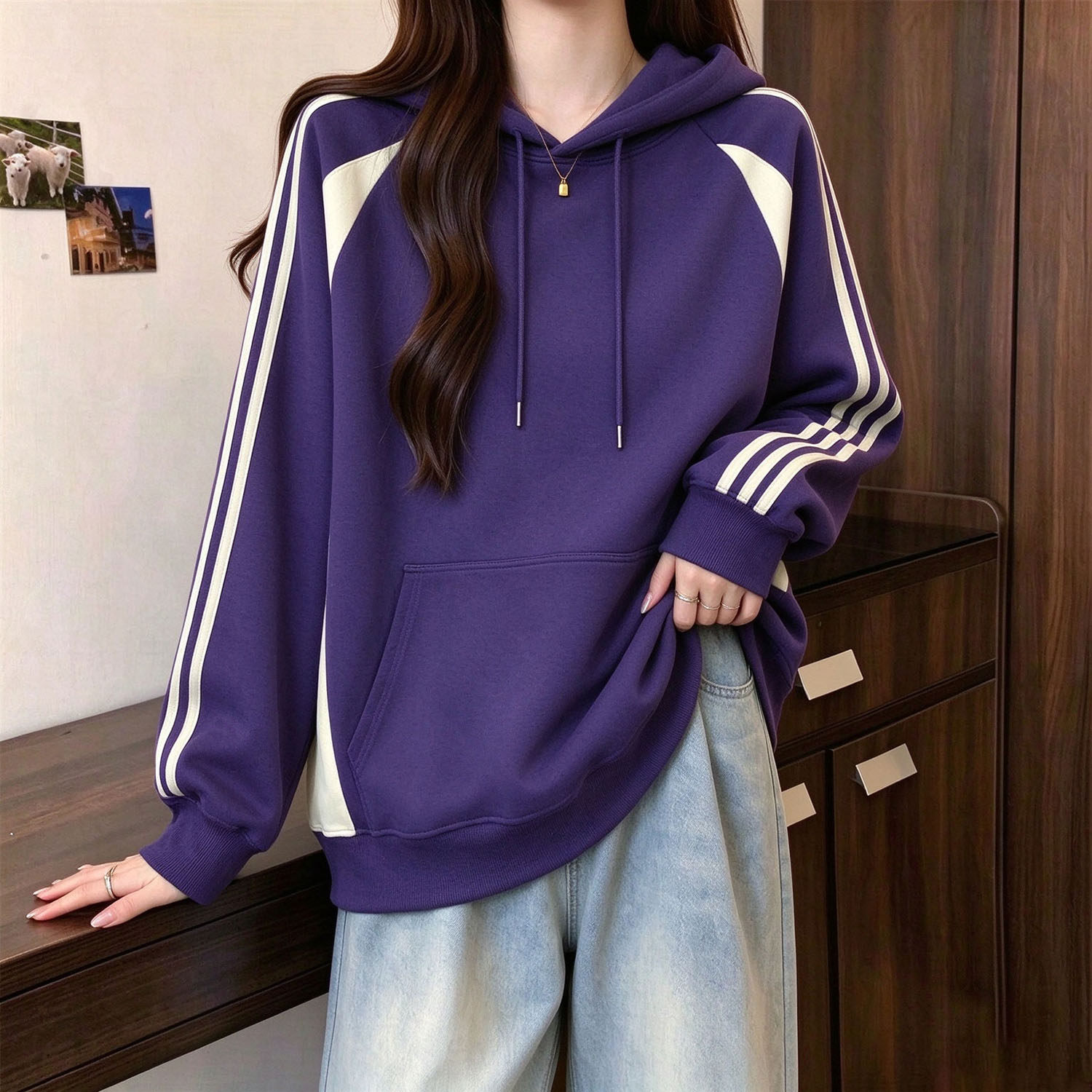 美式连帽撞色三条杠拼接卫衣女秋季大码oversize宽松百搭显瘦上衣