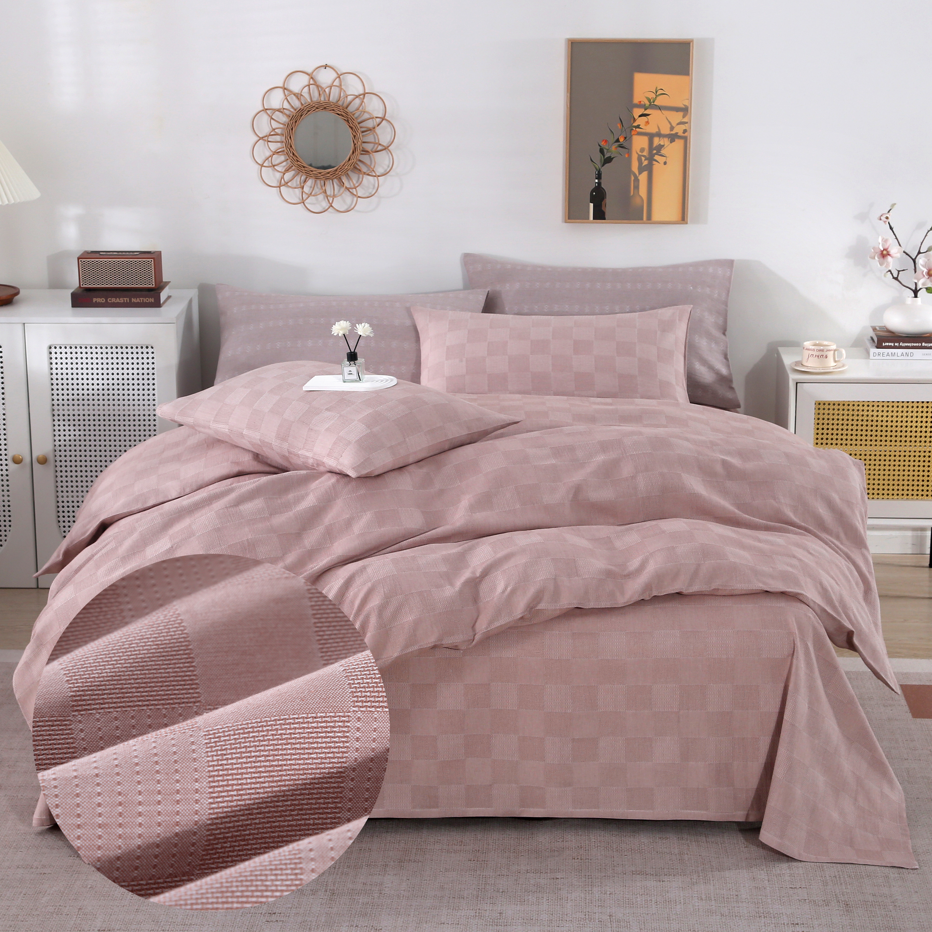 【粮满仓】春秋源鲁锦纯棉老粗布色织提花床单加厚透气舒适套件