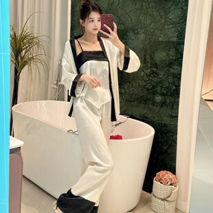 春夏冰丝提花长袖三件套复古中式睡衣女古风时尚汉元素拼接家居服