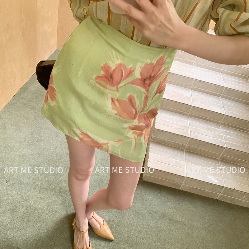 ARTME瓜瓜复古印花醋酸油画短裙