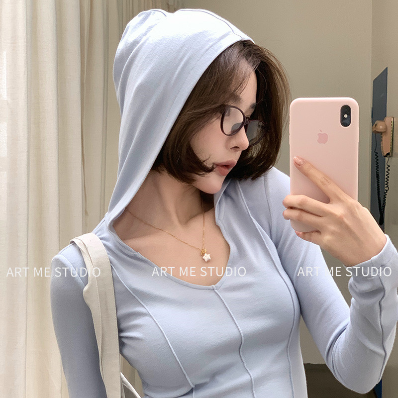 ARTME瓜瓜 小蛮腰连帽V领鱼骨打底衫女春季通勤修身显瘦高弹上衣
