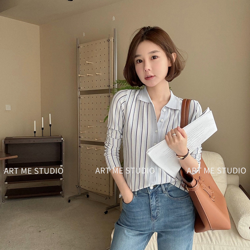 ARTME瓜瓜 竖条纹POLO领衬衫女春季设计感修身显瘦长袖百搭短上衣