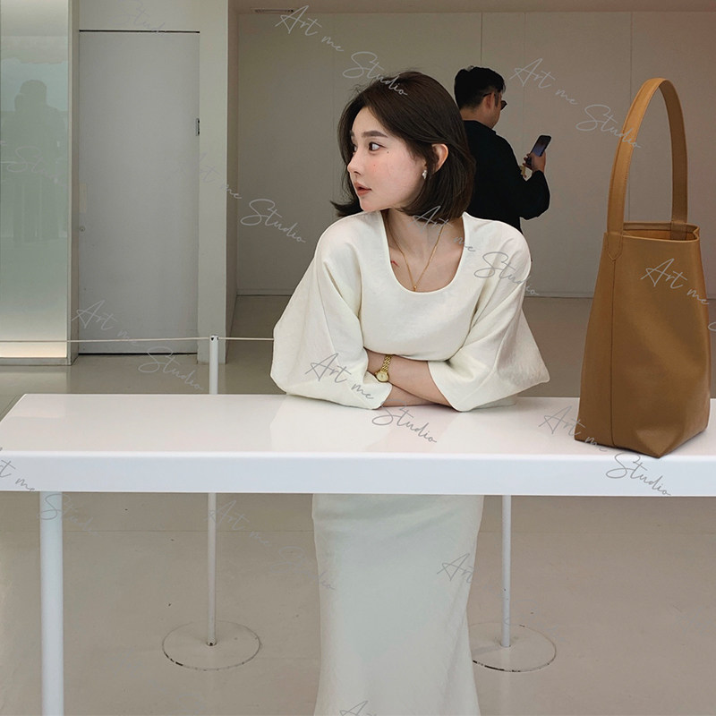 素调纯色套装女圆领T恤长半身裙