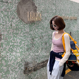 ARTME瓜瓜 叠叠乐真两件莱赛尔羊毛上衣女夏U型领撞色T恤w2369t1