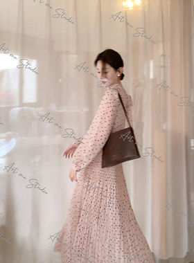 ARTME瓜瓜 复古波点浪漫唯美系带两色套装女夏季灯笼袖高腰百褶裙