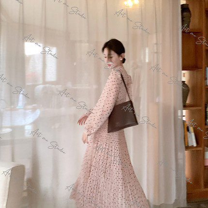 ARTME瓜瓜 复古波点浪漫唯美系带两色套装女夏季灯笼袖高腰百褶裙