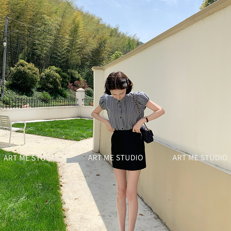 ARTME瓜瓜 学院风格纹拼接娃娃领衬衫女夏复古泡泡袖上衣w10268z2 - 实物图