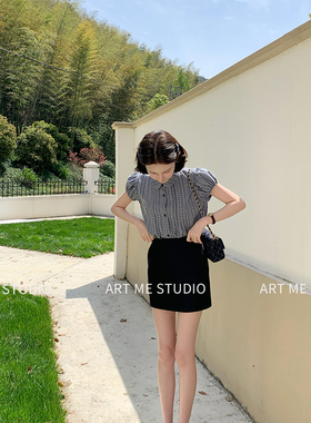ARTME瓜瓜 学院风格纹拼接娃娃领衬衫女夏季复古宽松泡泡袖上衣
