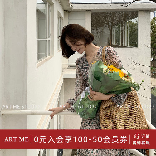 ARTME瓜瓜 温柔风V领灯笼袖收腰连衣裙女春季不规则波浪下摆裙子