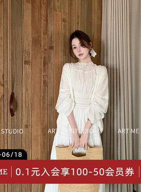 ARTME瓜瓜 莱赛尔亚麻蕾丝拼接无袖连衣裙女夏季收腰显瘦圆领上衣