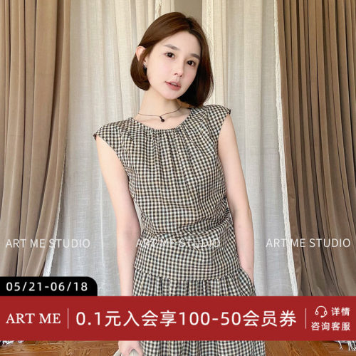 ARTME瓜瓜 黄咖色格纹圆领无袖衬衫女夏季收腰显瘦抽褶小飞袖上衣