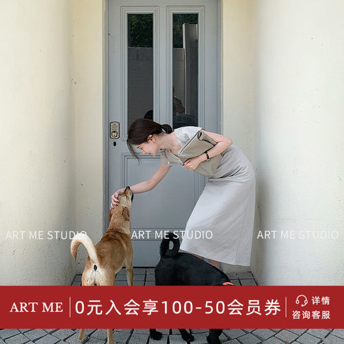 V领花瓣袖亚麻棉气质收腰连衣裙