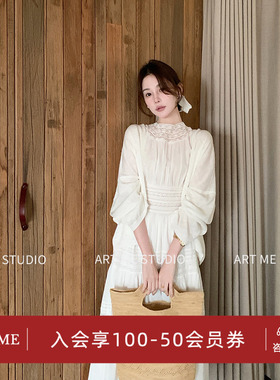ARTME瓜瓜 莱赛尔亚麻蕾丝拼接无袖连衣裙女夏季收腰显瘦圆领上衣