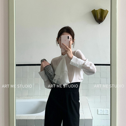 ARTME瓜瓜 人丝复古荷叶边立领气质衬衫女春季通勤风百搭显瘦上衣