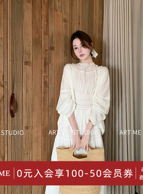 ARTME瓜瓜 莱赛尔亚麻蕾丝拼接无袖连衣裙女夏季收腰显瘦圆领上衣