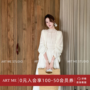 ARTME瓜瓜 莱赛尔亚麻蕾丝拼接无袖连衣裙女夏季收腰显瘦圆领上衣