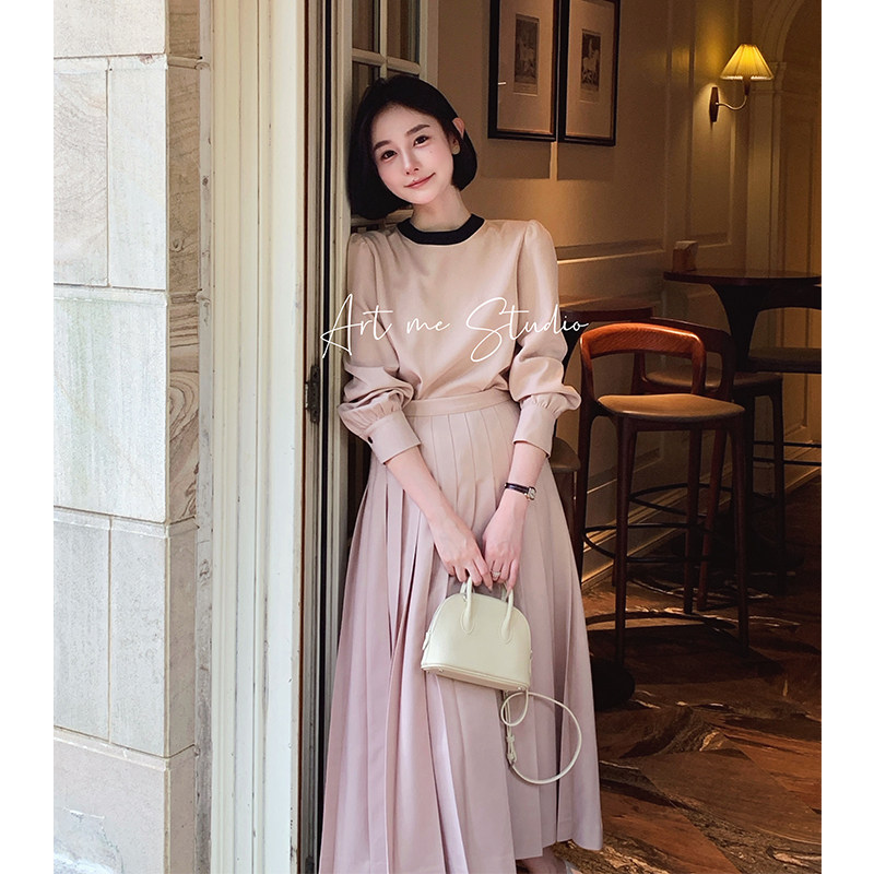 artme 瓜瓜呀 风琴纯色压褶半身裙女高腰显瘦A字百褶长裙子