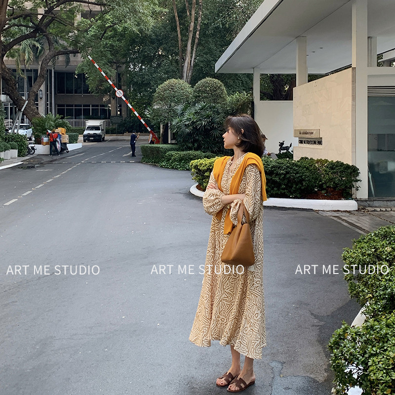 ARTME瓜瓜 复古印花通勤连衣裙女夏季收腰显瘦长袖中长裙w1145l2
