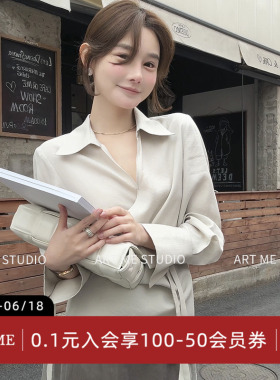 ARTME瓜瓜 不规则缎面翻领衬衫女春季气质收腰显瘦收口袖绑带上衣