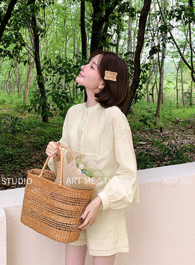 ARTME瓜瓜 月光书写自带氧气清新感镂空雕花纯棉套装夏季薄款上衣