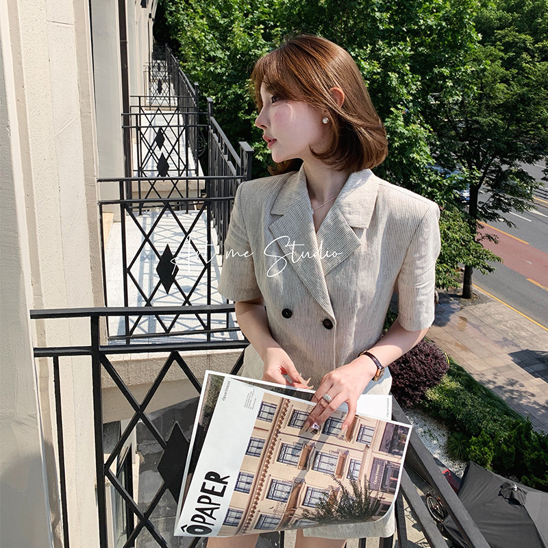 artme 瓜瓜呀 条纹亚麻西服女夏季薄款短袖修身显瘦西装上衣