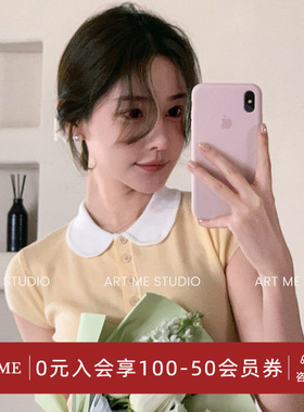 ARTME瓜瓜 元气拼色polo韩系学院派撞色修身针织衫娃娃领减龄短袖