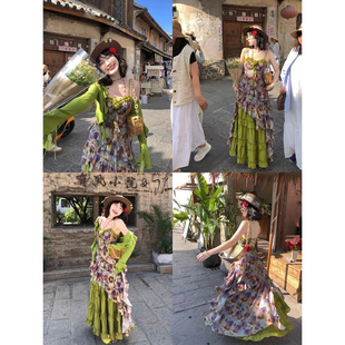 法式绿色碎花吊带连衣裙女夏波西米亚海边沙滩裙半身长裙开衫套装