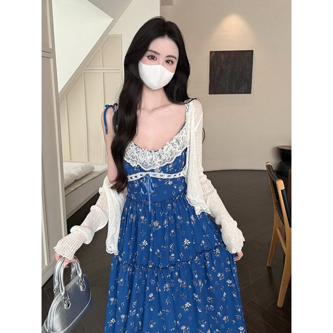 度假风蕾丝吊带连衣裙开衫套装