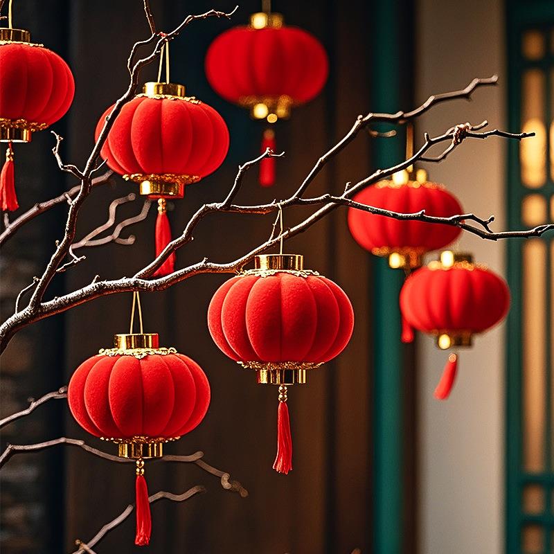 小红灯笼挂件新年新款植绒春节过年大门口喜庆绿植装饰品挂饰