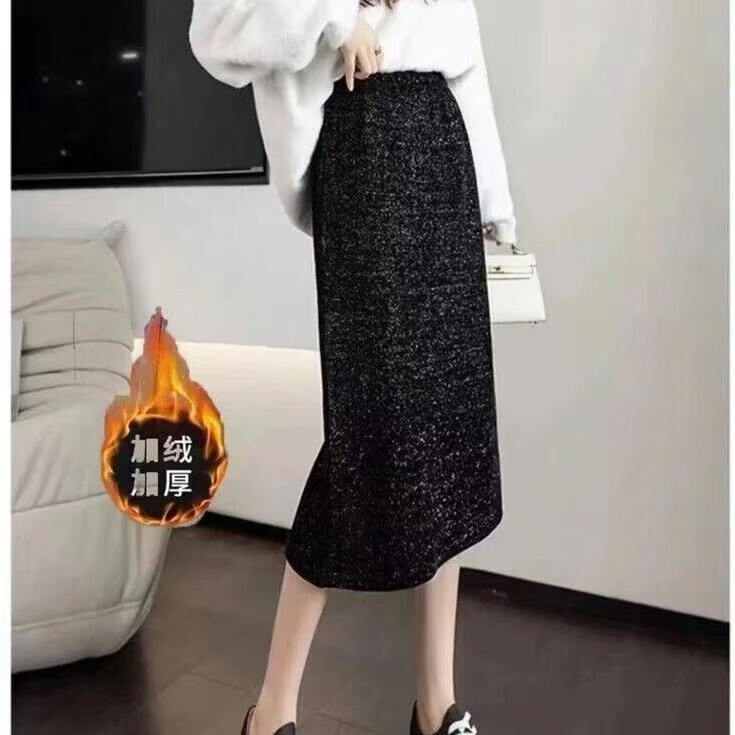 黑色半身裙女秋冬季小香风高腰显瘦中长款直筒裙后开叉包臀裙气质