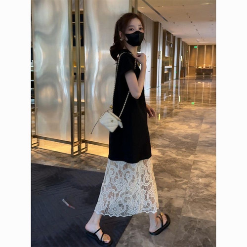 韩版透视叠穿中长款连衣裙蕾丝屁帘两件套短袖网纱重工套装摆裙女