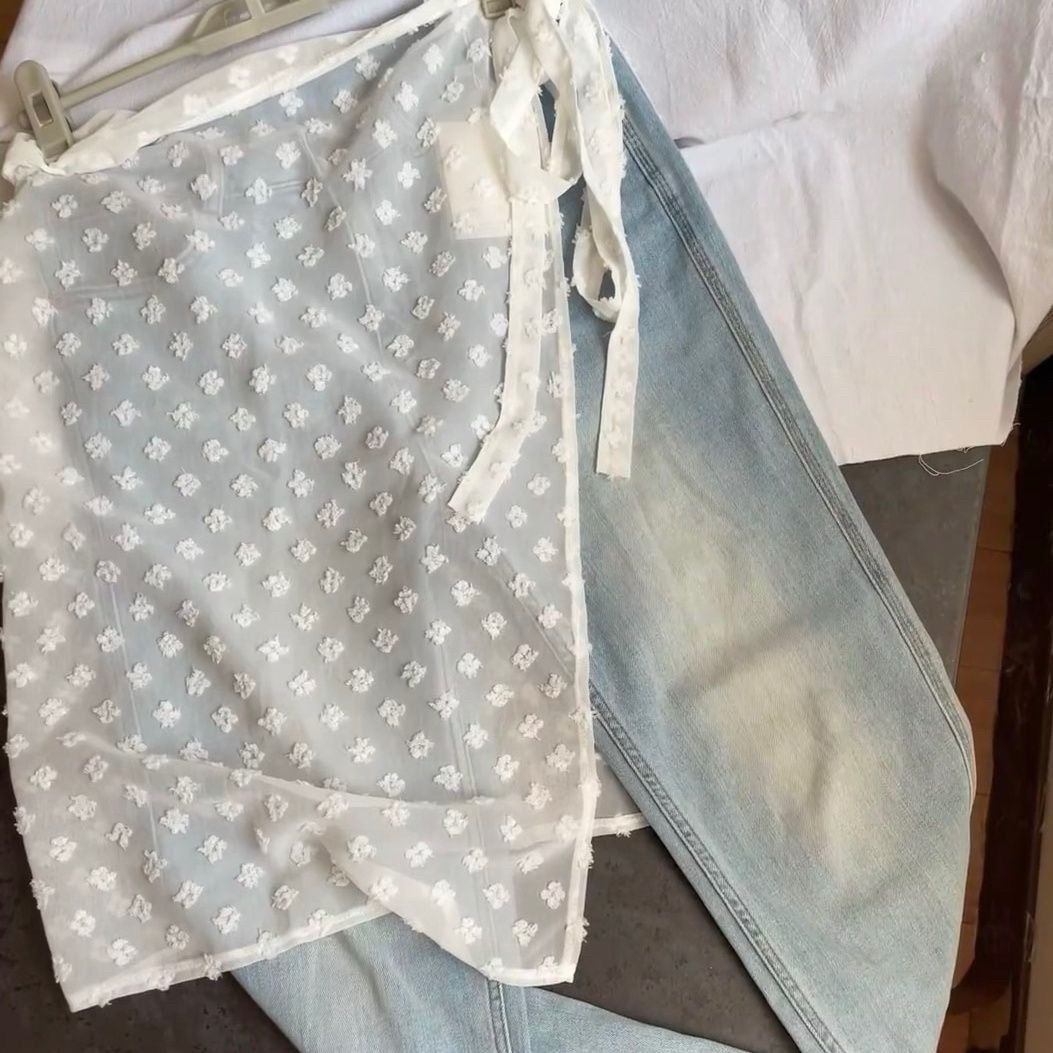 小众设计蕾丝花朵网纱裙帘女叠穿氛围感纱裙系带围裙半身裙屁帘