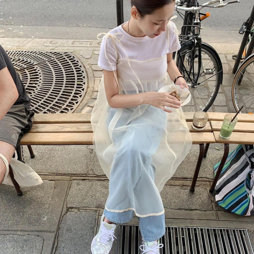 韩国东大门叠穿打底外穿中长裙网纱透视白色吊带裙女欧根纱外穿