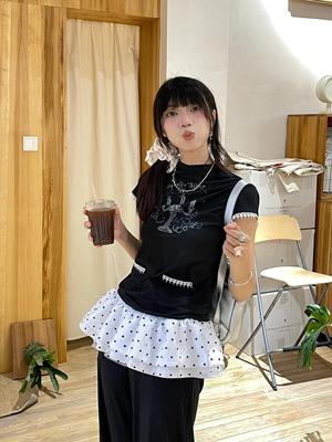 韩系波点屁帘蓬蓬芭蕾风小短裙叠穿双层蕾丝俏皮可爱波点超短裙