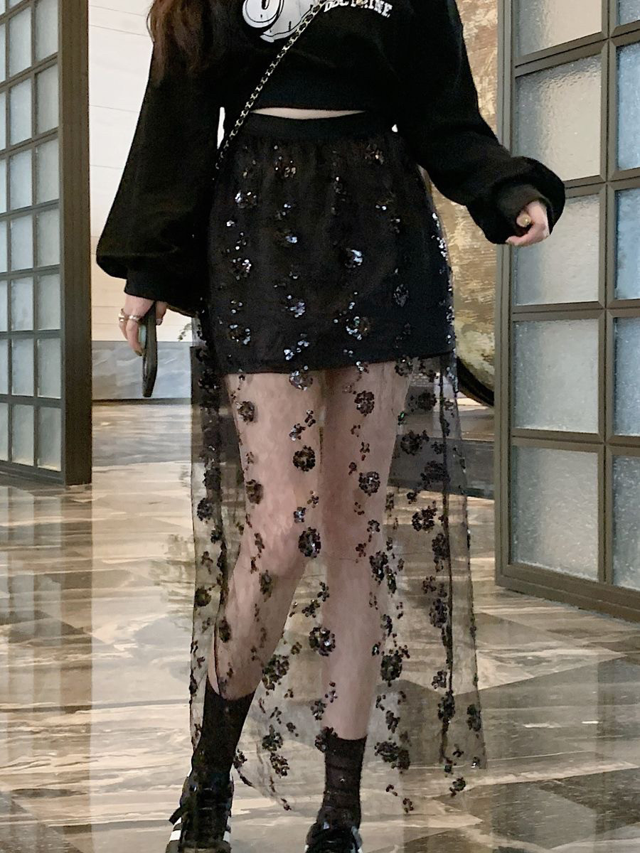 时尚高腰显瘦宽松半透视亮片网纱半身裙女设计感辣妹蕾丝中长裙子