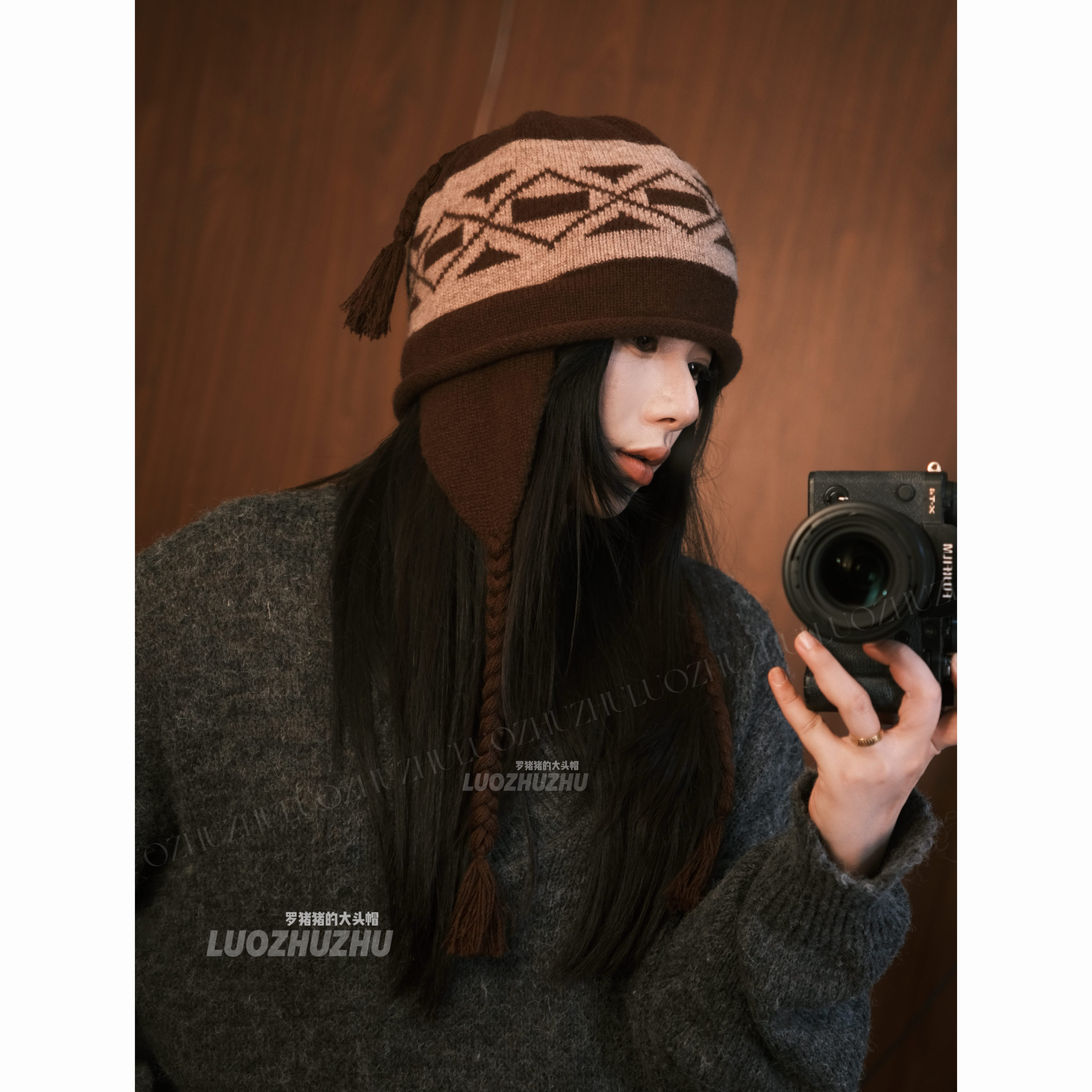 罗猪猪【海棠提花】100%羊毛帽子女秋冬毛线帽针织小辫帽围53到59